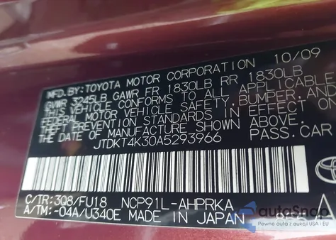 2010 Toyota Yaris z USA, uszkodzony, nr VIN JTDKT4K30A5293966